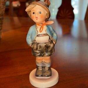 Vintage Hummel Porcelain Boy Figurine in Blue Jacket and Brown Hat